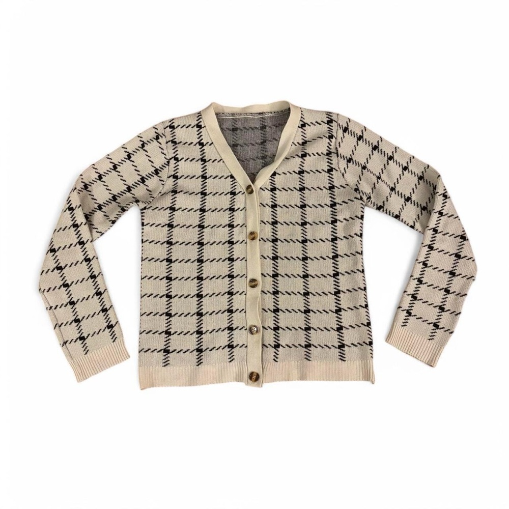 cream and black plaid preppy cardigan